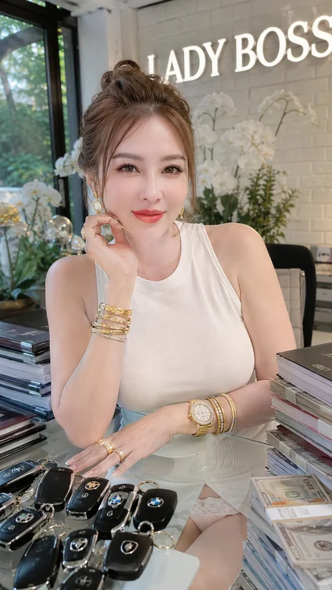 A woman in a light sleeveless top sits at a display counter with watches, jewelry and a sign behind her.