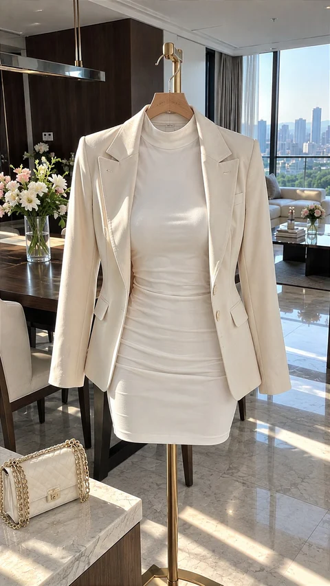 A cream blazer and fitted light dress are displayed on a stand in a bright room with flowers, a handbag and a window view.