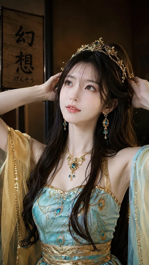 A woman in an ornate turquoise and gold gown adjusts a gold crown in a dim interior.