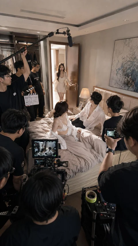 Camera operators and several people gather around a bed inside a furnished room during a staged shoot.