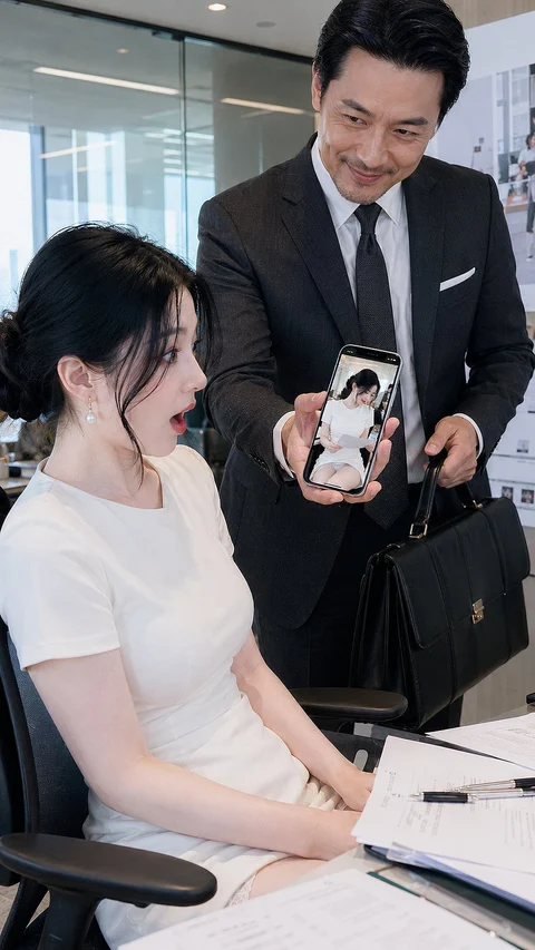 In a bright office, a suited man holds out a phone to a woman seated at a desk.