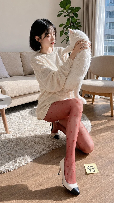 A seated woman in a light sweater and pink trousers lifts a white cat in a sunlit living room.
