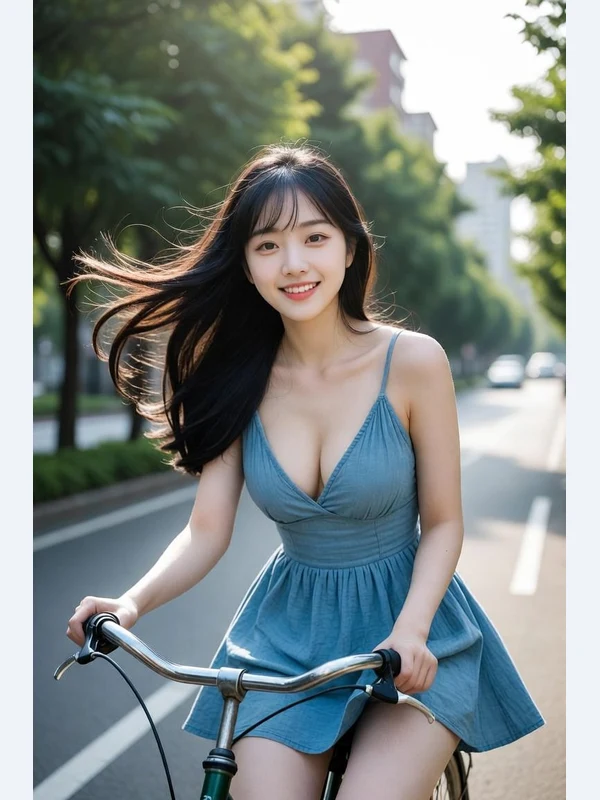 Adult woman beside a bicycle on a sunny city street