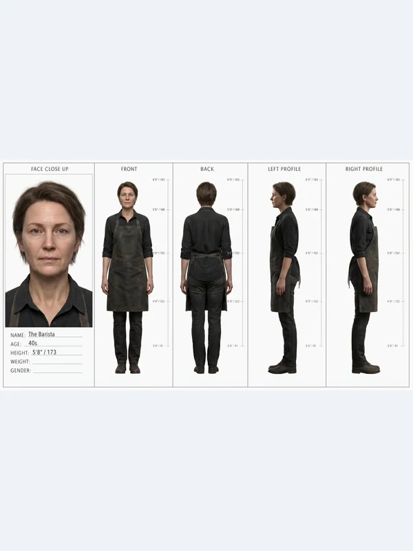 Multi-view adult barista character reference board