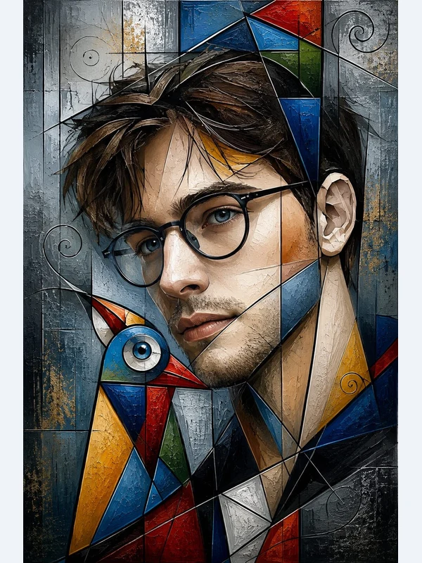 Cubist portrait of a man with glasses and a geometric bird