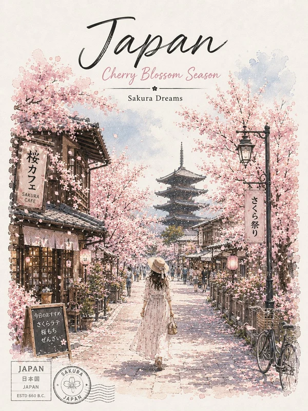Watercolor cherry-blossom travel poster with a woman and pagoda