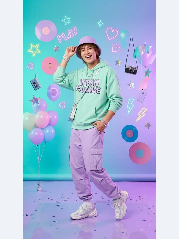 Smiling adult man in a mint hoodie on a colorful fashion set