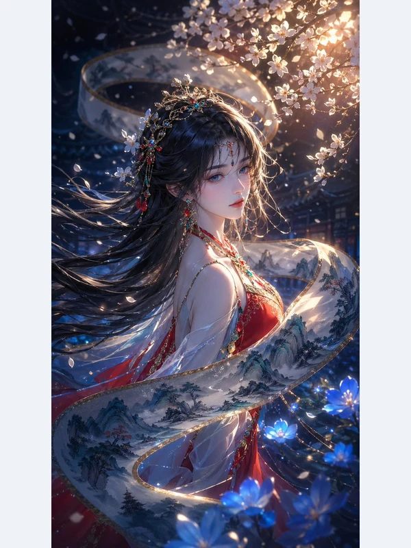 Adult fantasy illustration of a red-robed woman in an orchard scroll