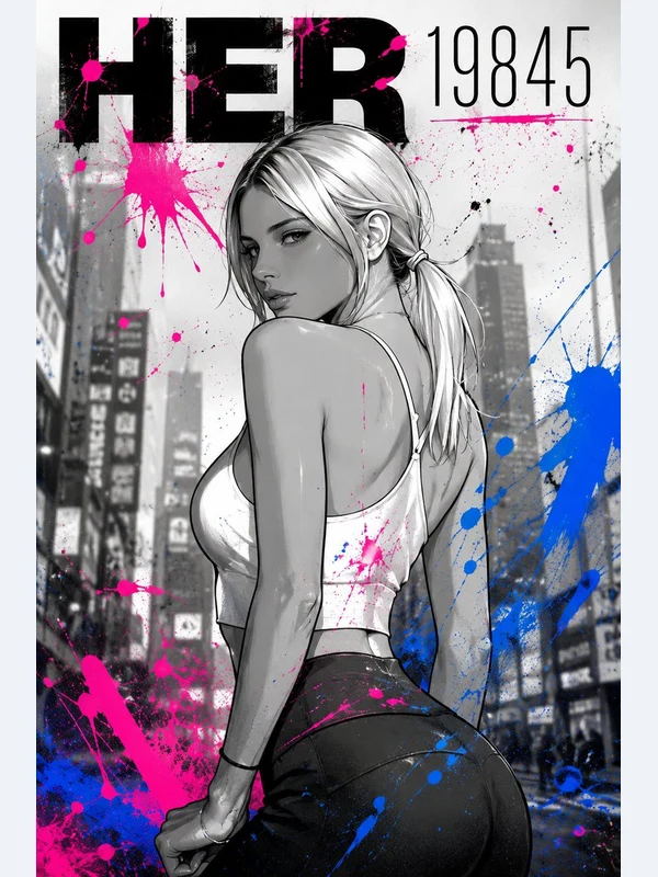 Adult blonde woman in an urban anime editorial poster