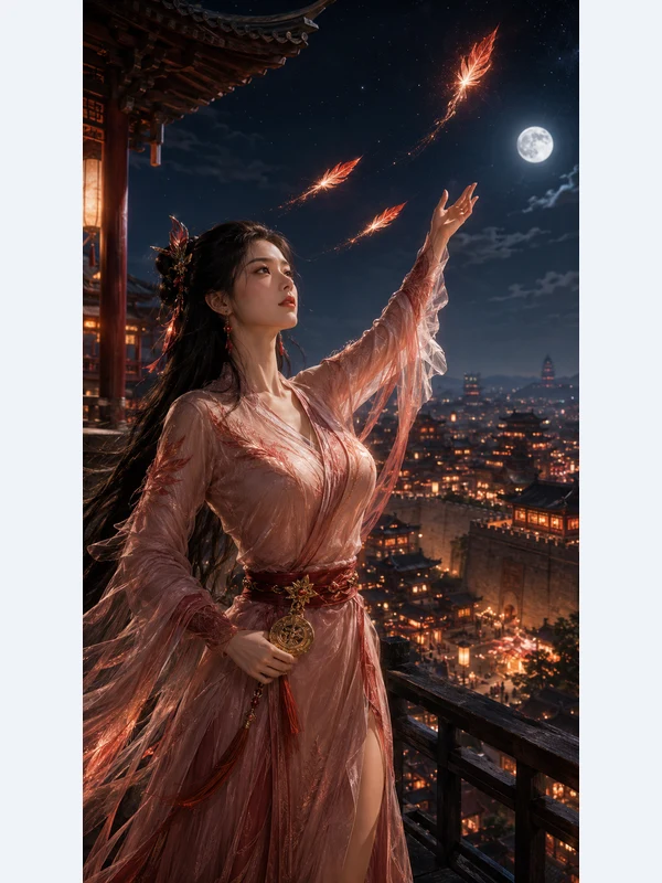 Woman in a salmon fantasy dress with glowing feathers on a rooftop