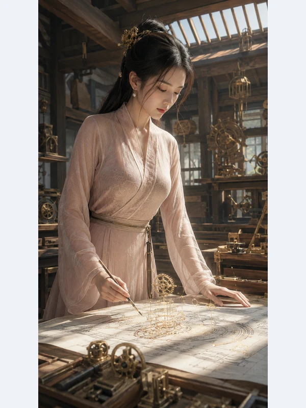 Woman in a pink traditional-inspired dress in a mechanical workshop