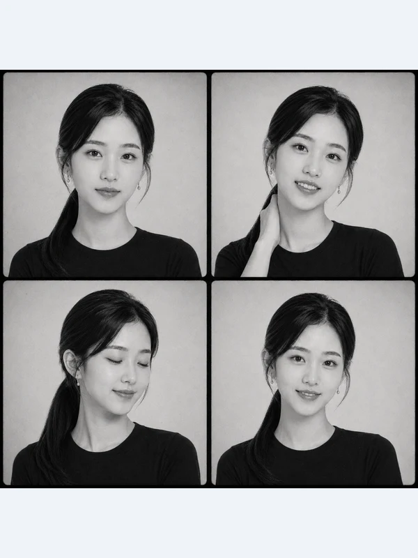 Four-frame monochrome portrait study in a black crew-neck top