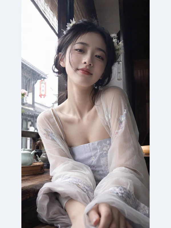 Woman in pale traditional layers by a teahouse window