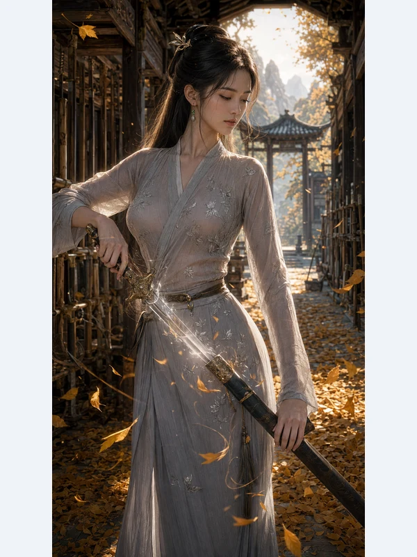 Woman in a gray fantasy dress holding a sheathed sword in an autumn alley